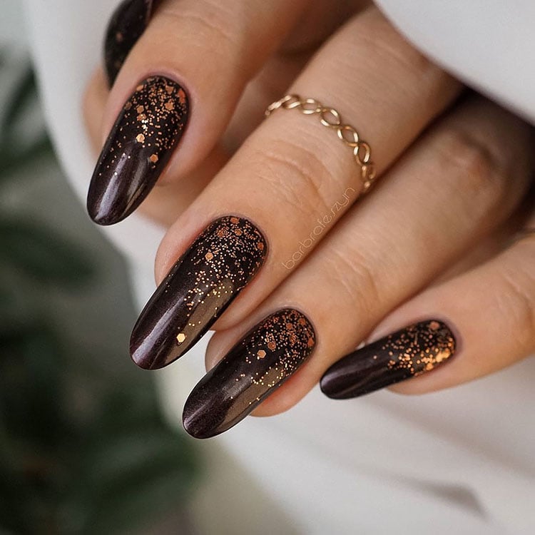 brown nails with gold flecks fall nail design ideas