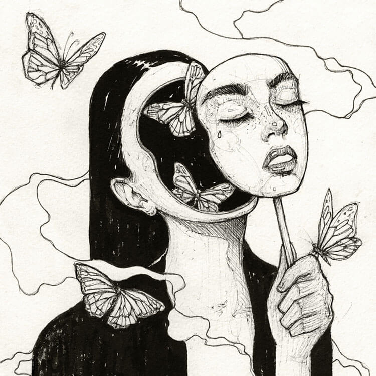 girl with face mask drawing