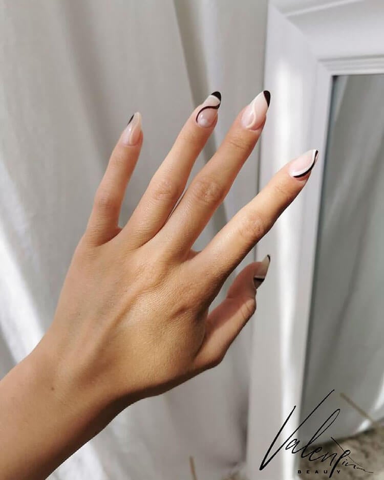 black and white almond nails