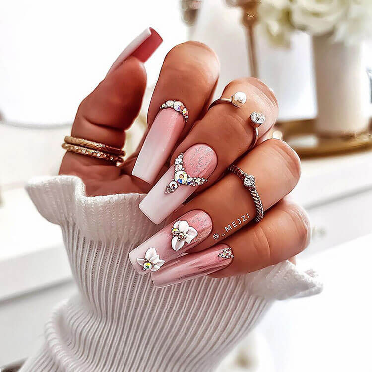 Get Glamorous with Pink and White Ombre Nails with Rhinestones ...