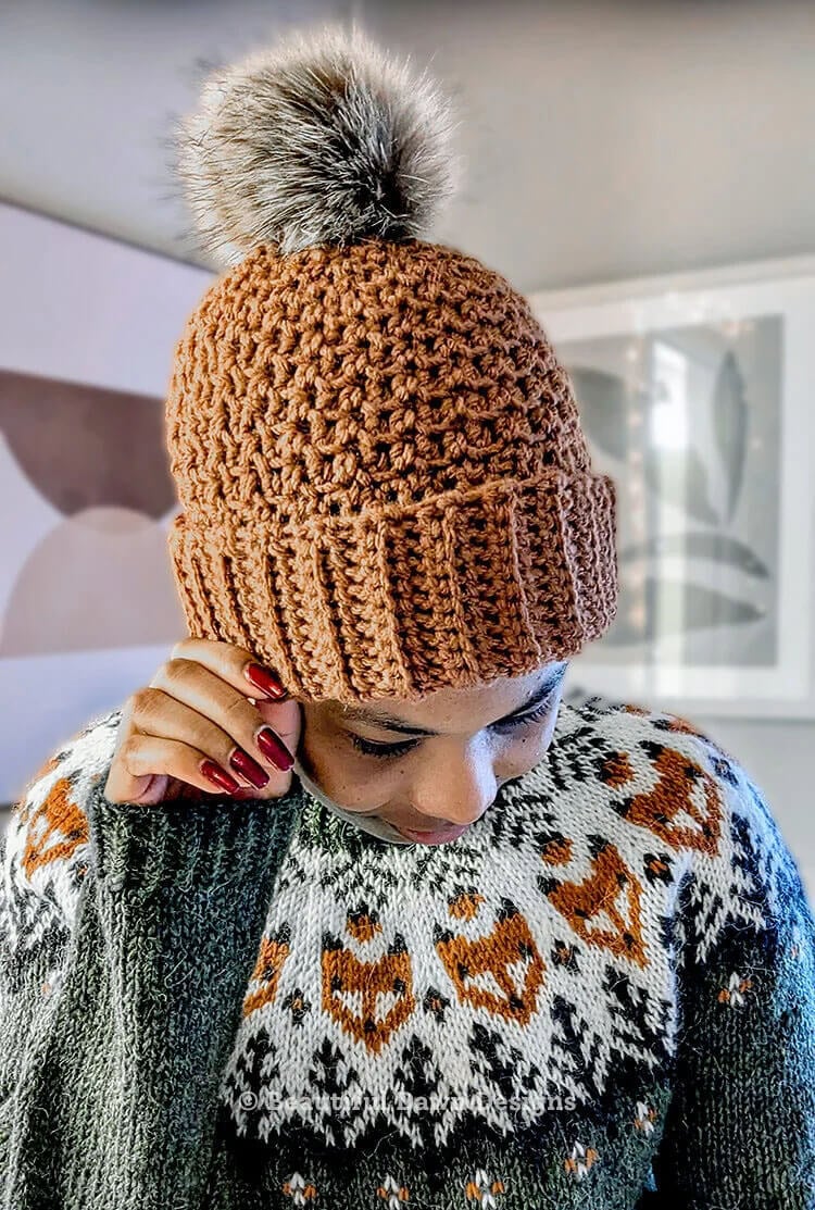 Chestnut Crochet Beanie Wearing